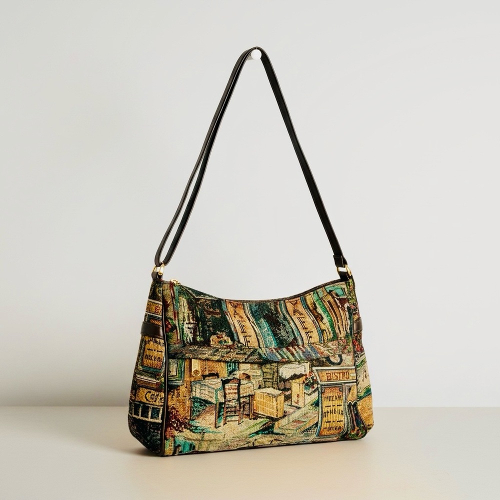 Vintage Sas Needlepoint Tapestry Shoulder Bag Purse Cafe Scene Leather Trim